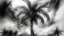 A black and white charcoal sketch with intricate details, showcasing the metaphor of the palm tree standing tall against a stormy sky, representing perseverance and endurance