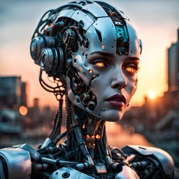 discarded lifeless robotic woman, georgeous, beautiful, complex, detailed, ,sunset, high resolution, photorealistic, sharp focus, 8K, atmospheric, epic composition, dystopian, cybernetic, futuristic, etheral, hyperdetailed, highly detailed, polished, meticulous, biopunk, horror, eerie, accurate lighting, portrait