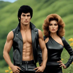 An extremely muscular young man who resembles Elvis Presley with pixie-cut black hair, wearing a black leather jacket and pants, standing next to a beautiful woman with auburn hair who resembles Raquel Welch, wearing a black two-piece bathing suit with a perfect shaped, stacked body, and a perfect face, 4k, 8k, 32k UHD, Hyper realistic, extremely colorful, vibrant, photorealistic, realistic, sharp, highly detailed, professional quality, beautiful, awesome, majestic,