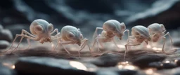 close up on dented glowing ghost transparent ant skeleton rat babies, raised by ninja necromancer in the wild, in surreal reflecting stone chrome landscape