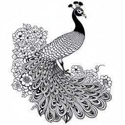 white, A peacock and rose, line art, white background, outline, with images neatly contained within the background, just black and white color, full body, no color. Front view. Aest4tic