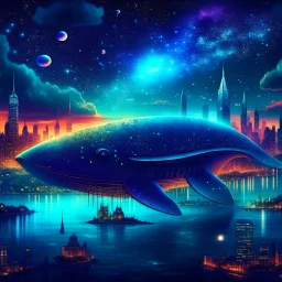 A future city on the back of a heavenly whale swimming in space filled with stars and planets