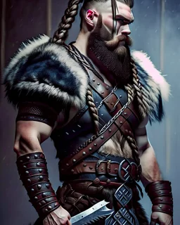 fantasy, warrior, handsome, French braid, shaved on the side head, beard, tall, muscles, fur, manly, leather, full body