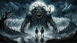 gentle, protective monsters fight with evil people, left side alone child gaze, random background random, deep dark color, , moon, mist, rain, highly detailed, weird , surreal dark fantasy mood style like T. Burton