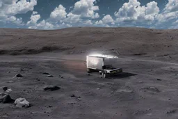 A Tesla 'Semi' (semi truck) is going at a high speed, at the lunar landing site of the 'Apollo 11'. (CINEMATIC, WIDE ANGLE LENS, PHOTO REAL)