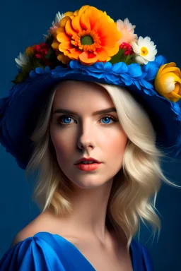 Frau blond mit Blumenhut blau mit stralendem Gesicht