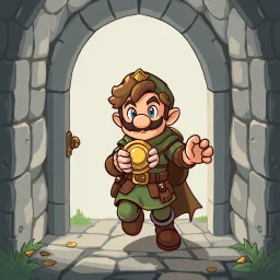 Male Fantasy RPG character, chaabi kawaii mario proportions, lord of the rings inspiration, with a coin held out in front, in a bounding run out a doorway, isometric game
