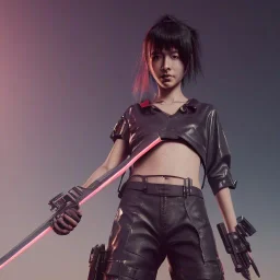 Cyberpunk girl in ninja outfit holding katana, unreal engine 5, octane render,cinema4d, dynamic lighting, 8k, redshift render, highly, hyperrealism ultra detailed, hyper realistic.