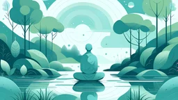 Generate a futurist illustration of a character meditating in nature. Use a serene color palette with celestial blue for the sky, tranquil green for the waters, and a grounding gray-blue. Add a subtle grain texture for depth. Emphasize simplicity and tranquility, capturing the transformative essence of meditation.