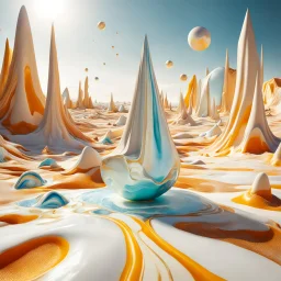 Bright, glittering, 3d, marble-like, surreal objects in a bright environment, desert, noon light, melting cream, Yves Tanguy style