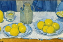 Lemons on a table with a blue napkin, impressionnist oil on canvas by Paul Cézanne, 1887, broad brushstrokes, canvas relief