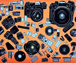 components of the camera laid out flat. poster design. high detailed. oil on canvas. DSLR