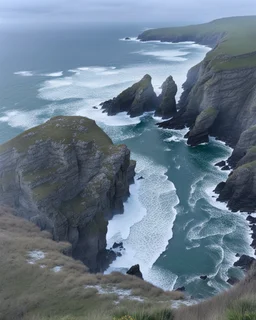 IN THE RENAISSANCE STYLE, look down at the ocean rocks below as you climb high into the bluffs of ireland. holding on to the cliff face, the ocean below storms and swirls around a giant whirlpool