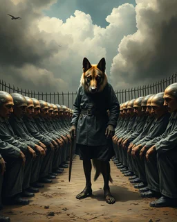 Bosch painting style, nightmare , prisoners lined up in circle , one after another , in the middle a guard with leached wild dog great quality picture with cinematic scenes , heavy clouds in the background
