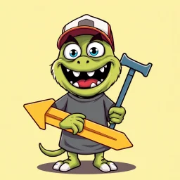 cartoon monster wearing a ballcap and T-shirt holding an arrow sign with handle, on solid color background