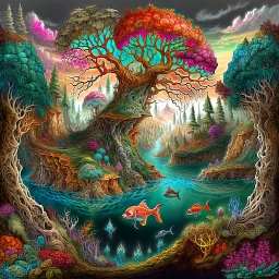 Imaginary landscape trees. . And he sells. Meh. lake.Underwater ornamental fish perfect anatomy, fantasy, vibrant digital art professional award winning masterpiece, oil on canvas Atmospheric extremely detailed Josephine Wall