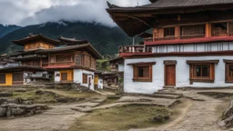 Houses in Kuruthang, Bhutan, beautiful composition, award-winning photograph, astonishing realism, 28mm lens, adjust perspective