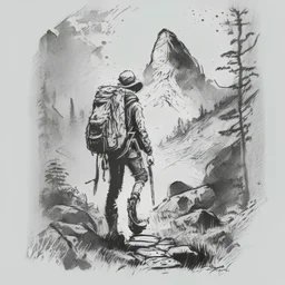 a black and white scribble sketch of hiking and discovery