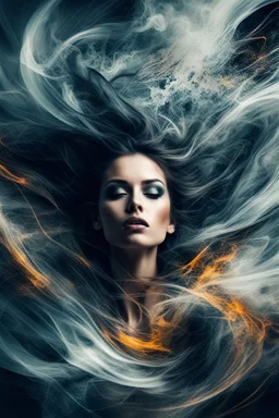 A woman, abstract image showing her chaotic life, chaos, stormy, 8k, exceptional beauty, mysterious, abstract conceptional art