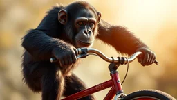 Chimpanzee riding a bicycle. Fantasy, photographic quality and detail, award-winning image, beautiful composition.