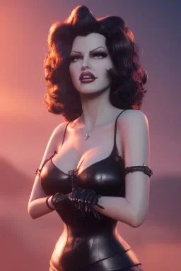 Rita Hayworth as evil queen in black leather, busty, cleavage, curvy, angry, stern look. character design by cory loftis, fenghua zhong, ryohei hase, ismail inceoglu and ruan jia. unreal engine 5, artistic lighting, highly detailed, photorealistic, fantasy