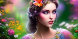 bright fairy, beautiful portrait, flowery landscape