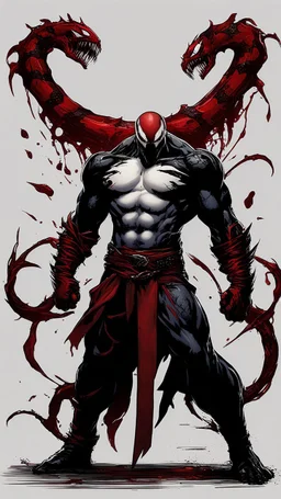 A close picture of Venom symbiote with kratos red tattoos and Clothes, holding blade of choice