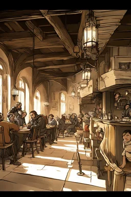 Lots of People sitting around tables in a medieval tavern with a stone floor, add people to the chairs