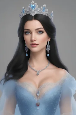 generate an image of a fake person that looks totally real, make them with long, straight black hair, blue eyes, well-endowed, wearing a jeweled tiara, a necklace with a heart-shaped ruby, transparent glass, slippers, and a light blue, cinderella ball gown with a plunging neckline.