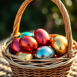 digital photograph — off-center modern wicker basket holds Easter eggs in vibrant azure, emerald, blush, crimson, gold, sapphire, and metallic tones. Each egg's glossy surface reflects intricate dimpled textures under dramatic cinematic HDR backlighting, emphasizing subtle sheen contrasts. Shallow depth of field softens sunlit background in hyperrealistic 8k clarity.