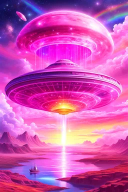 vaisseau interdimensionnel de couleur rose, grands rayonnements, dans un cosmos rose et jeu très étoilé d'or, 8K,ufo rainbow