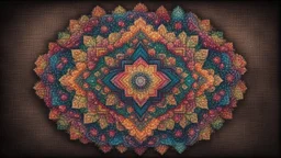 Hyper Realistic colorful cross stich mandala pattern on dark rustic grungy background with vignette effect