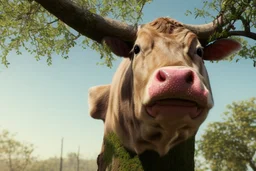 cow stuck in the top of a tree can not get down