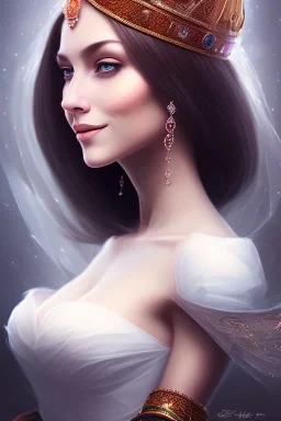 portrait lady wedding smiling with big bobs no top long hairs black quartz shield in fire