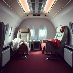 two armchairs in a plane, with blankets, retro futuristic