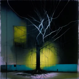 Minimal abstract oil painting of a tree in concrete warehouse brutalist architecture and hanging wires illuminated at night. Graffiti on walls triadic colours. In the style of Justin Mortimer, Ashley Wood