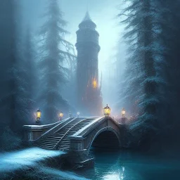 fantasy art, book cover, upper body a ranger with an axe in hand, in front of the ebony stairs of a bridge or dam ,icy water