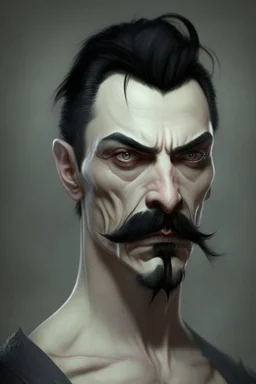 short wirey lean muscular trimmed goatee moustache sterm serious short black hair pale skin ghoul wight