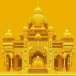 A golden yellow temple filled with gold and jewels in art deco art style