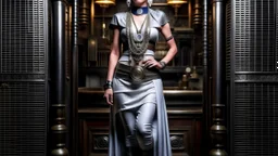 Creation: full body and headshot of a skinny Cleopatra, with a silver bob hairstyle, standing in a steampunk setting.