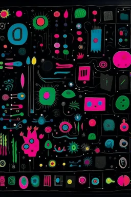 overemphasize intellectuality; expressionism; Vantablack canvas with neon pastel symbols; Klee