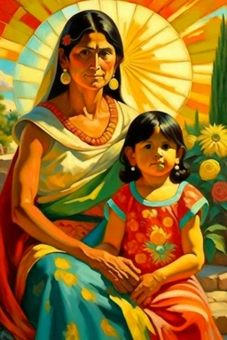 2 mexican woman painting mother and childneoclassism whole body zoom the sun