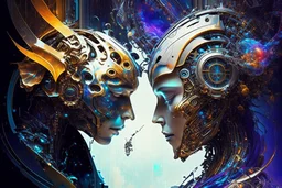 Artificial Intelligence AI Photo dynamic composition of two characters, yin and yang, composition, interaction 2 humans and artificial intelligence, coding, cipher, high-tech, technology, code & machine, robot and human, leadership, code, sci-fi background, Breathtaking Fantasy core Artwork By Android Jones, Jean Baptiste Monge, Alberto Seveso, Erin Hanson, Jeremy Mann. Intricate Photography, A Masterpiece, 8k Resolution Artstation, Unreal Engine 5, Cgsociety, Octane Photograph