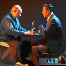 Putin, President Xi Of China And Joe Biden Play Chess between lights and shadow With A Pigeon,And Atomic Bomb Mushroom Cloud,Complex Surgical Instruments Intermixed With A Newborn Boy,Minimalism,Painting By Adrian Ghenie,Rene Magritte,Pablo Picasso,Michelangelo,Salvador Dali,Lucian Freud