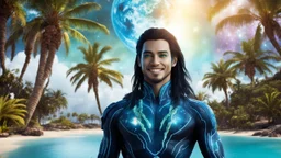 beautiful gorgeous young man na'vi with long hair, Avatar, blue skin, two small ears, green eyes, black hair, in cosmic suit, galactic ambiance, medium pointy goatee , smiling, with spaceship and planets and palm trees and clear crystaline cosmic beach in background