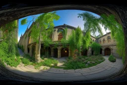 A panoramic view of the Library Gardens, where medieval fantasy meets ancient nature. Winding stone paths meander beneath towering centuries-old trees whose massive canopies create a living cathedral ceiling, casting intricate shadow patterns below. Hanging vines and multicolored flowers cascade from branches, while climbing plants embrace the ancient trunks. Natural sitting areas are formed by time-smoothed boulders and fallen tree trunks, polished by centuries of readers. The library itself em