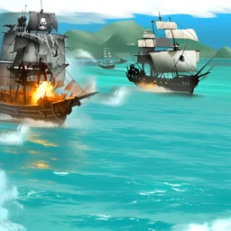 Two pirate ships fight each other at sea. Firing cannons. One ship is hit and burns after being hit.
