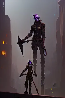 dystopian city, goblin holding an axe, steampunk style