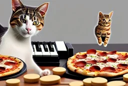 photo of a cat playing piano and guitar and pizza