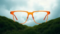 generate an image of large , square, orange glasses, in 3d style, standing in a hilly, green landscape with grass, and a morning mist. Its breathtaking. in the clouds. Use orange and dark blue as colors